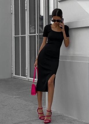 Сукня міді довга по фігурі плаття з розрізом в рубчик трикотажна чорна стильна базова3 фото