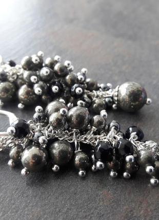Сережки срібні "пірит, чорний агат і гематит"2 фото