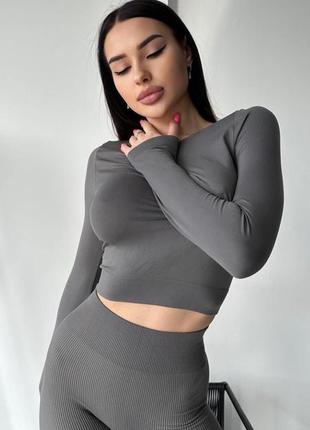 Комплект премиум графит кроп топ кофта леггинсы рубчик