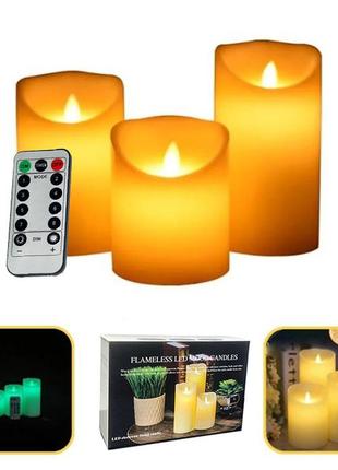 Светодиодные свечи восковые led rgb безполумные с имитацией пламени с пультом комплект 3 шт лелев1 фото