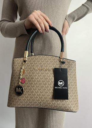 Жіноча бежева сумка шоппер з фірмовим принтом, michael kors з екошкіри люксової якості