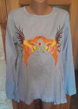 Шикарная блуза рубашка с вышивкой птицы