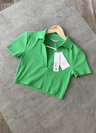 Футболка топ поло зелена zara в рубчик