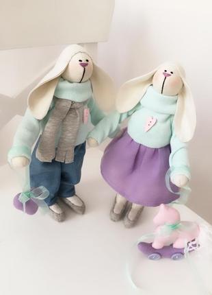 Декоративна іграшка тільда зайчик з конячкою