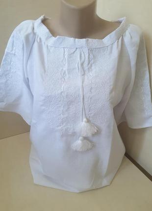 Женская рубашка вышиванка лен белая вышивка для пары р.42 - 607 фото
