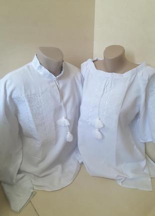 Женская рубашка вышиванка лен белая вышивка для пары р.42 - 608 фото