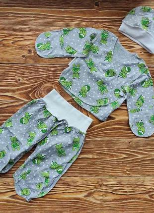 Набір для новонароджених - сорочечка, повзунки, шапочка 20 (56-62 см), сірий з зеленим