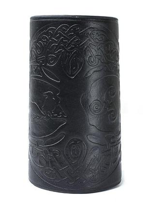 Кожаный браслет-нарукавник  в скандинавском стиле чёрный иггдразиль - дерево жизни пара3 фото