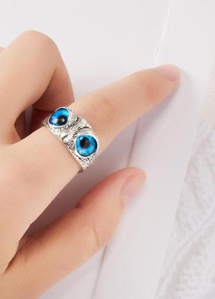Строгая сова кольцо, кольцо в виде совы с синими глазами, филина, ручная работа, размер регулируемый3 фото