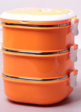 Ланч бокс тройной kamille оранжевый 2700мл для обедов из пластика и нержавеющей стали km-2114 "kg"2 фото