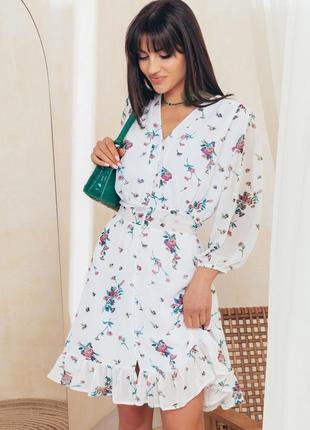 Короткое шифоновое платье белое с принтом | 69817