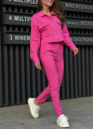 Костюм розовый малиновый барби жакет пиджак брюки джинсы брюки2 фото