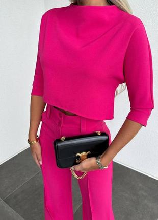 Женский осенний костюм на осень базовый демисезонный повседневный розовый деловой малиновый коричневый бежевый палаццо брюки топ2 фото