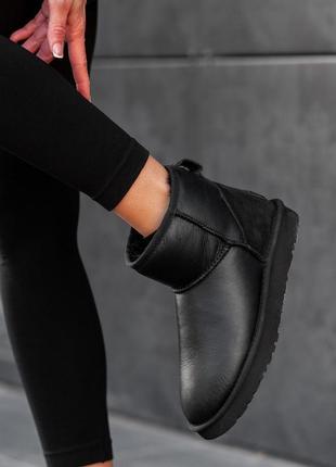 Женские зимние угги с мехом, черные кожаные угги ugg classic short
