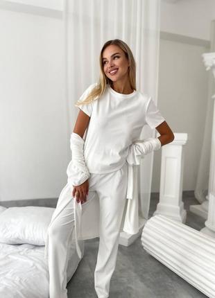 Велюровый коплект для дома пижама с футболкой с брюками с халатом на запах с поясом одежда для дома домашний костюм