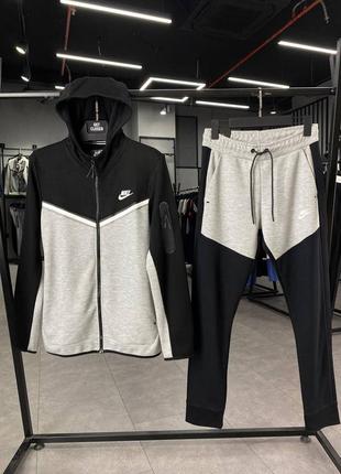 Демисезонный серый спортивный костюм комплект nike tech fleece с капюшоном сірий спортивний костюм найк nike tech fleece