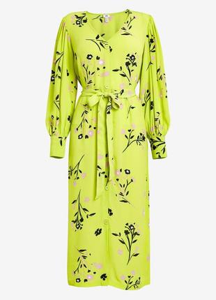 Платье миди длинное лимонно салатовый цвет в цветочный принт s-m4 фото