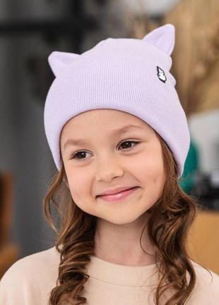 Осіння двошарова шапочка для дівчини з вушками, мила демісезонна шапочка з підворотом і вушками, шапка на осінь для дівчинки котик