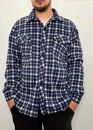 Рубашка мужская зимняя в клетку на пуговице  рубаха теплая на байке электрик xl