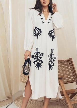 Неперевершена довга лляна сукня плаття сорочка вишиванка оверсайз в етнічному стилі zara2 фото