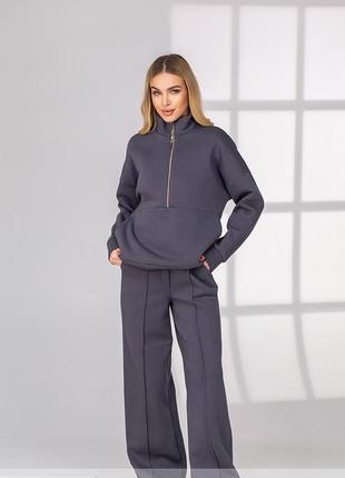 Костюм-двійка жіночий спортивний теплий на флісі кофта штани зі стрілками, графіт темно-сірий2 фото