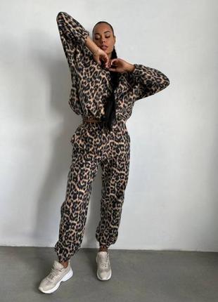 Спортивный флисовый костюм с принтом зебра леопард объемный оверсайз худи толстовка на кулиске с капюшоном брюки штаны джоггеры на резинке теплый флис