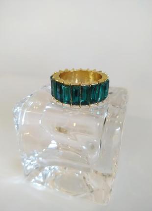 Тренд кольцо широкое с камнями кольца зеленая золотистая со стразами2 фото