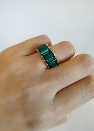 Тренд кольцо широкое с камнями кольца зеленая золотистая со стразами5 фото