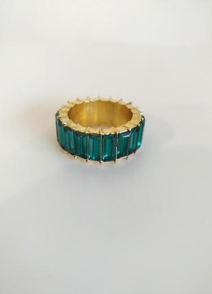 Тренд кольцо широкое с камнями кольца зеленая золотистая со стразами3 фото