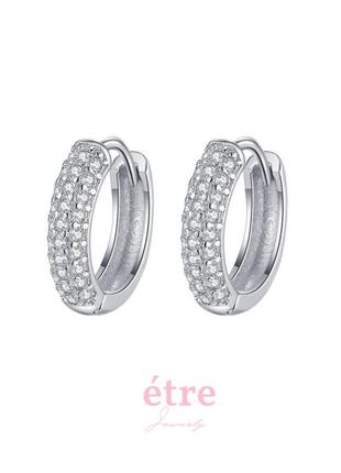Срібні s925 сережки кільця конго з камінням фіанітів по колу, круглі сережки діаметр 1 см2 фото