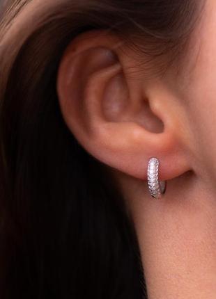 Срібні s925 сережки кільця конго з камінням фіанітів по колу, круглі сережки діаметр 1 см3 фото