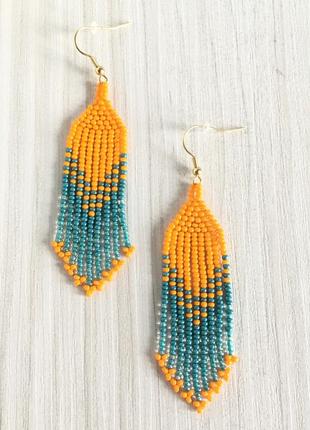 Длинные оранжево-голубые серьги с бахромой, яркие серьги из бисера