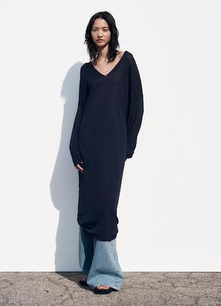 Трикотажное платье миди zara, темно-синее - s, m
