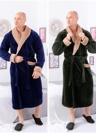 Чоловічий махровий халат хакі велсофт, плюшевий банний синій халат для чоловіків, махровый мужской халат