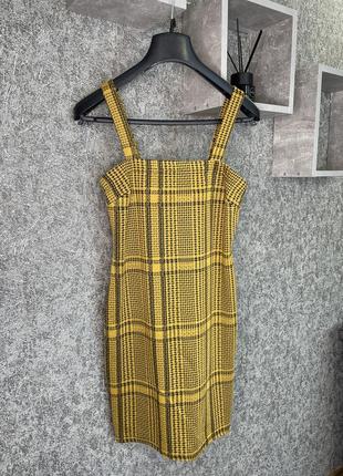 Сарафан розпродаж плаття сукня у клітинку на бретелях жовта чорна коротка