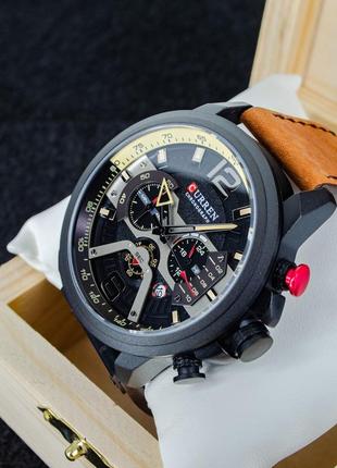 Чоловічий кварцевий стрілковий наручний годинник із хронографом curren, оригінал. зі шкіряним ремінцем. black-brown