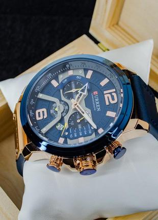 Мужские кварцевые стрелочные наручные часы с хронографом curren 8329 оригинал. с кожаным ремешком. blue-cuprum3 фото