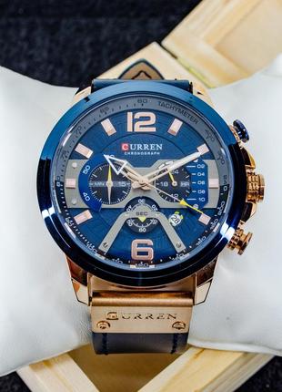 Мужские кварцевые стрелочные наручные часы с хронографом curren 8329 оригинал. с кожаным ремешком. blue-cuprum2 фото