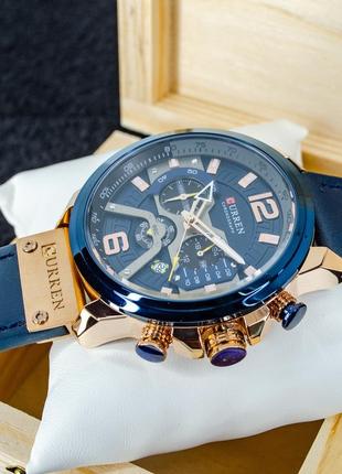 Мужские кварцевые стрелочные наручные часы с хронографом curren 8329 оригинал. с кожаным ремешком. blue-cuprum4 фото