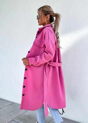 Стильне класичне класне красиве з поясом гарненьке зручне модне трендове жіноче пальто осінь весна молоко рожеве кашемірове сорочка9 фото