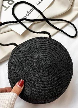 Тренд черная плетеная сумка круглая летняя пляжная бохо сумочка под ротанг