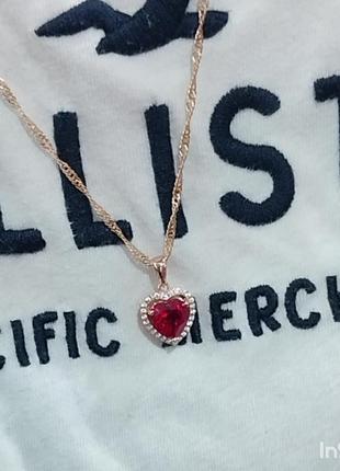 Женское колье "рубиновое сердце серебро с позолотой" ювелирный сплав с цирконами - подарок девушке в коробочке5 фото