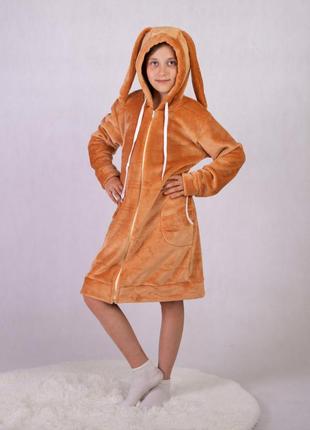 Теплий махровий халат для дівчинки з вушками зайчик зріст 132см-146см забарвлення 43 фото