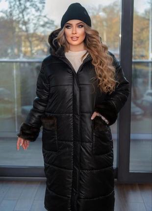 Женское стильное теплое зимнее пальто длинное удлиненное зима тренд батал больших размеров с норкой белая зимняя куртка пуховик6 фото