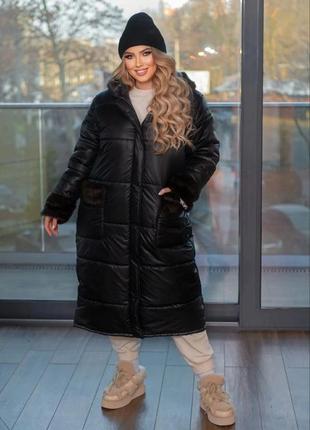 Женское стильное теплое зимнее пальто длинное удлиненное зима тренд батал больших размеров с норкой белая зимняя куртка пуховик4 фото