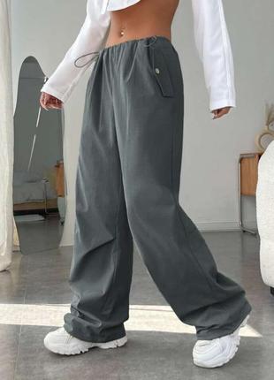 Широкие брюки с кулиской мод. 204баоб ✅размеры: 42-44, 46-48 ✅ткань: плащевка повседневный стиль. отличное качество! 👍 ✅цвета: черный, беж, графит7 фото