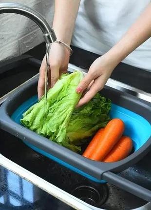 Дуршлаг для мытья овощей и фруктов jm-608 голубой силиконовый с выдвижными ручками7 фото