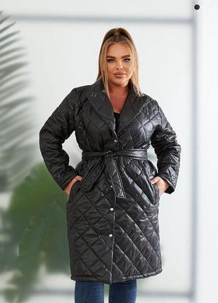 Женское стёганое пальто больших размеров с поясом осень весна