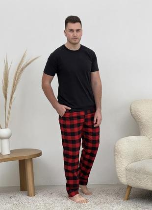 Мужская пижама штаны+ футболка cosy из фланели красно-чёрная