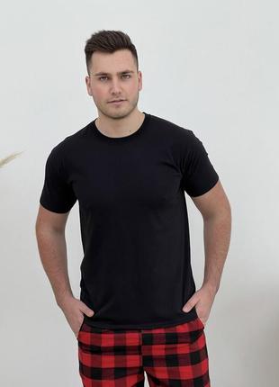 Домашня піжама для чоловіків cosy із фланелі (штани+футболка чорна) червоно/чорні3 фото